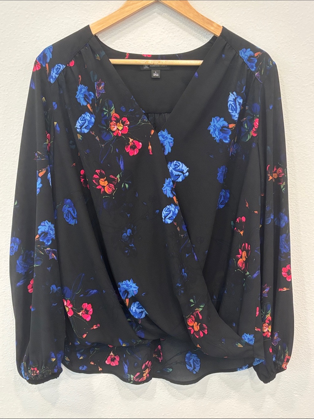 INC Women Floral Wrap-Front Blouse - Black with Blue & Pink Flowers Size L